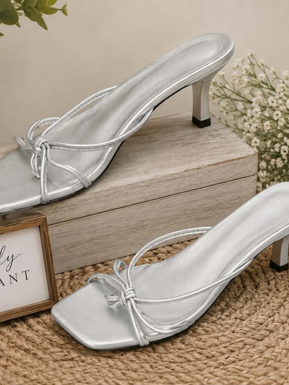 Silver Knotted Strappy Mule Heels - Women's Dress Sandals